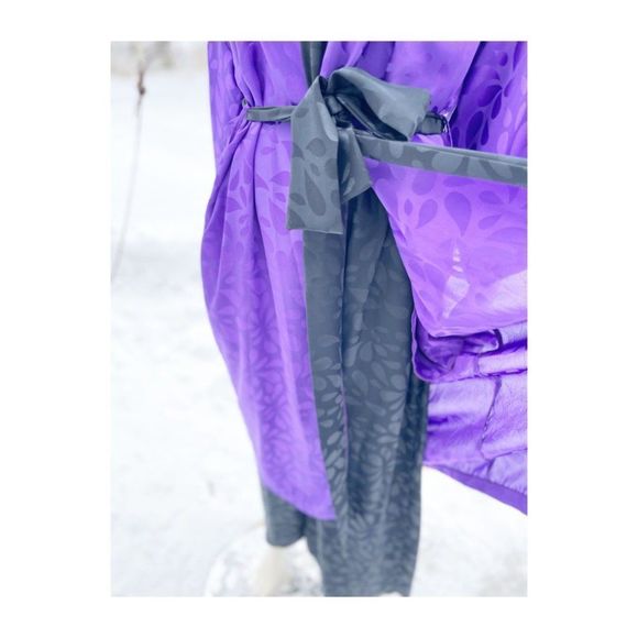 80s Diamond Tea Satin Loungewear Set Kimono Sleeve Duster Robe Trousers Purple B - Picture 12 of 16